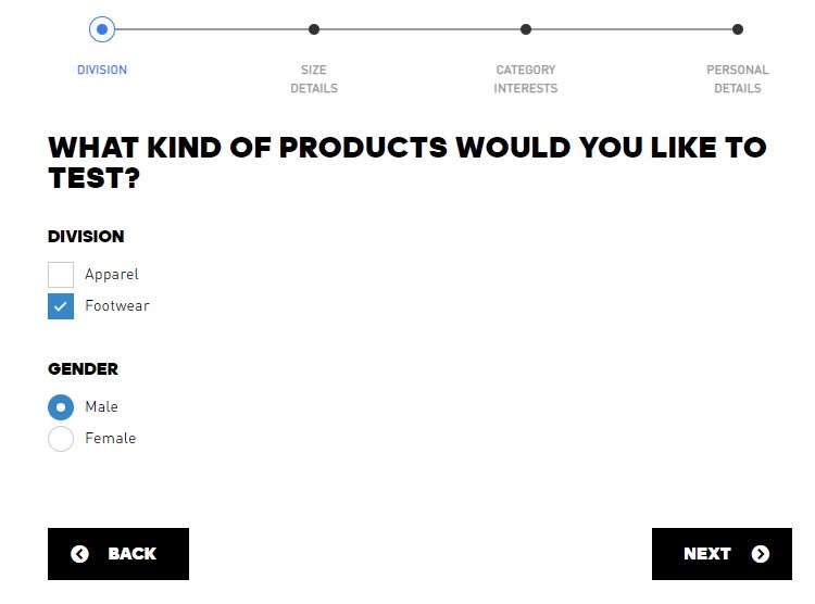Adidas product testing signup form